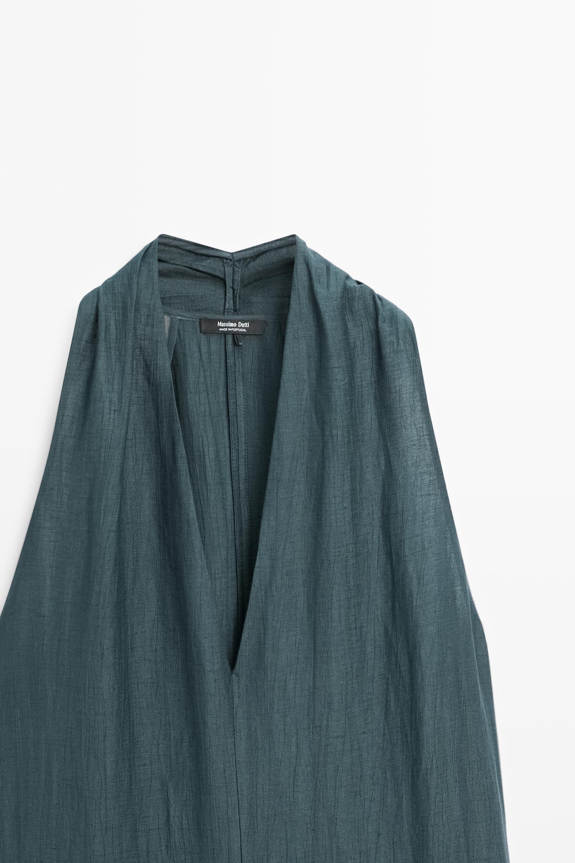 Linen blend midi dress with V-neckline